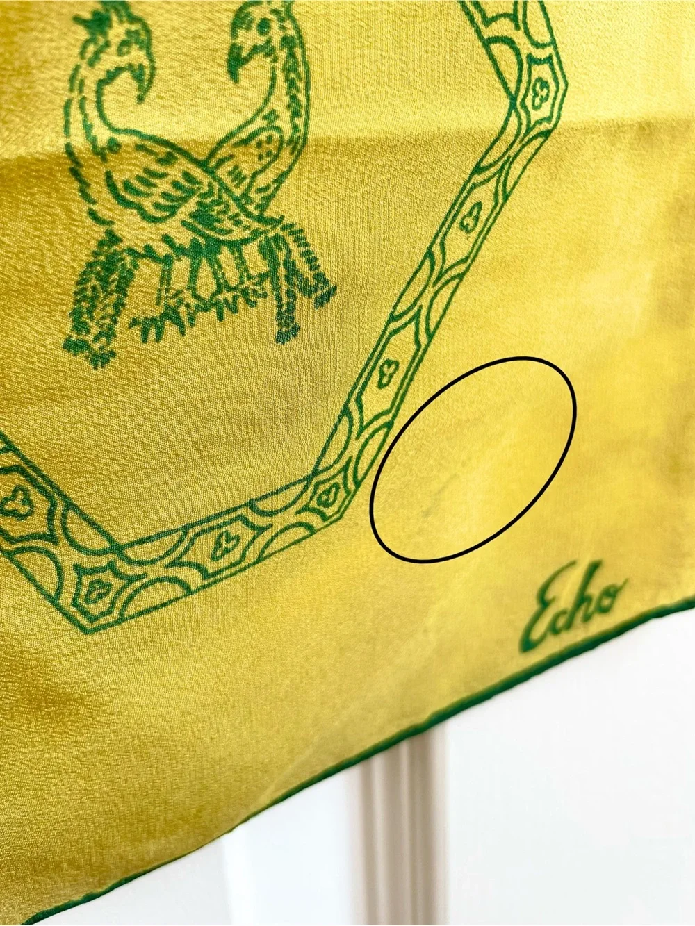 Vintage Echo Hand Rolled Scarf Honeycomb Crest Of Arms Chartreuse Silk?
